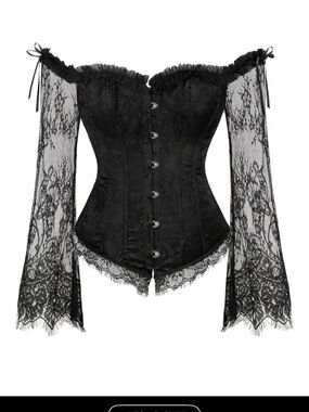 Black Lace 2X Off-Shoulder Gothic Corset Top with Bell Sleeves New